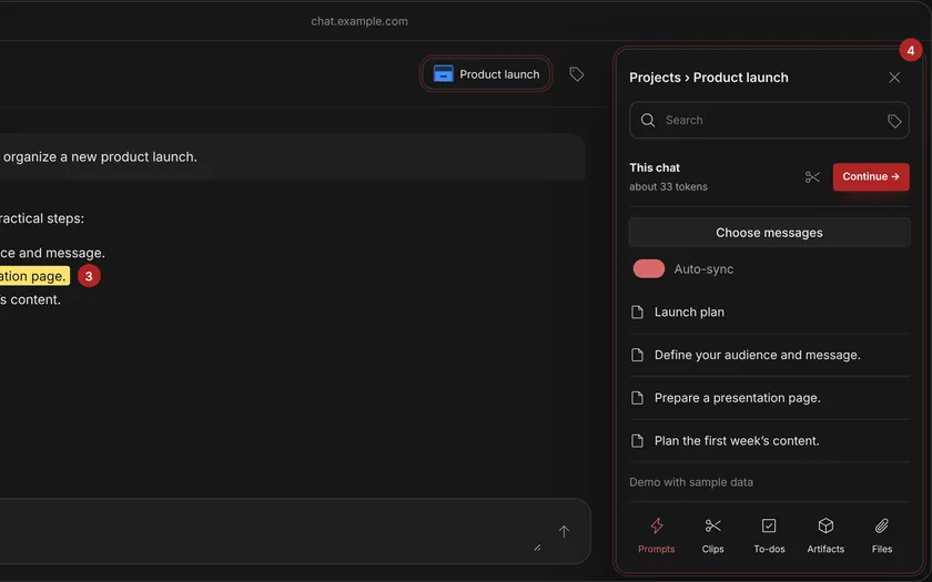 The extension's preview in the app: a neutral chat page with the saved chat marked with its drawer, Product launch, and the library card beside it with Choose messages and Auto-sync.
